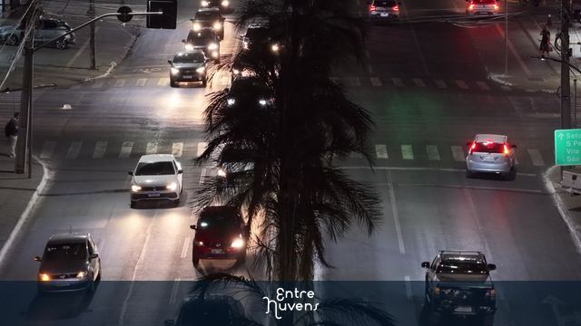 Avenida movimentada à noite com palmeira central