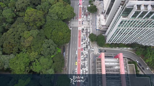 Avenida movimentada ao lado de parque urbano — vídeo aéreo de São Paulo