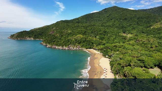 Paraíso Escondido: Vista Aérea de Praia Deserta Cercada por Mata Atlântica — vídeo aéreo de Ilhabela