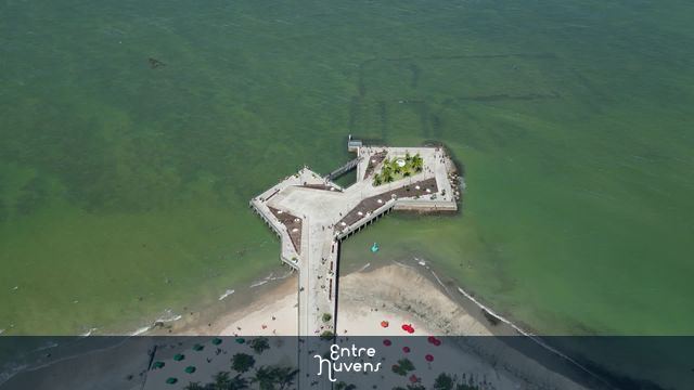 Píer moderno sobre águas verdes cristalinas - Ponta Verde — vídeo aéreo de Maceió
