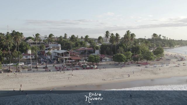 Praia movimentada com barracas e coqueiros