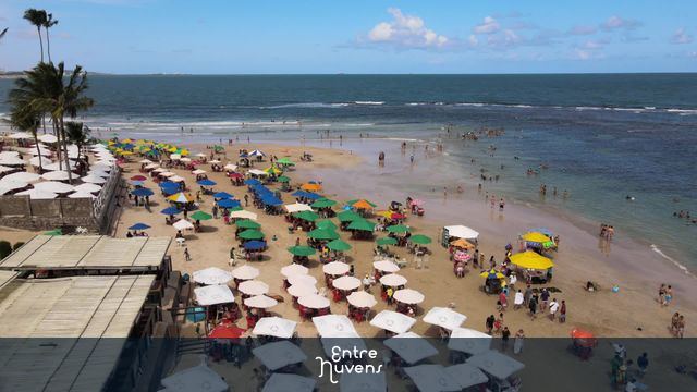 Praia movimentada com guarda-sóis coloridos — vídeo aéreo de Ipojuca