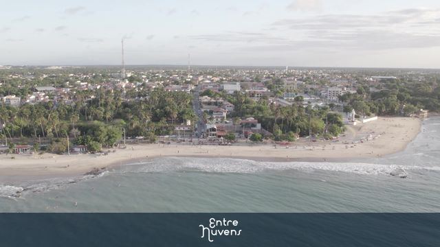 Praia urbana rodeada por coqueiros