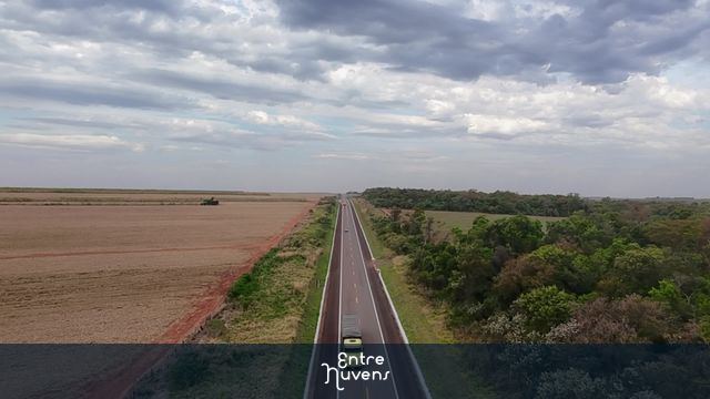 Rodovia movimentada entre mata verde e canavial com colheitadeira – filmagem aérea 4K — vídeo aéreo de Campo Mourão