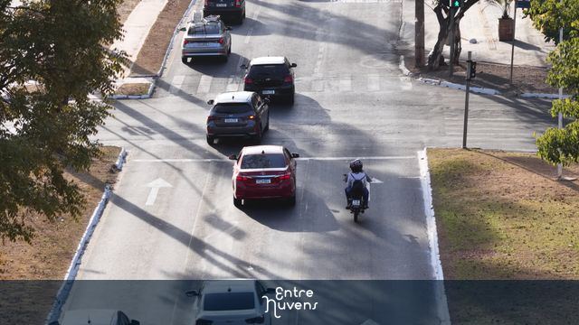 Trânsito urbano em avenida arborizada