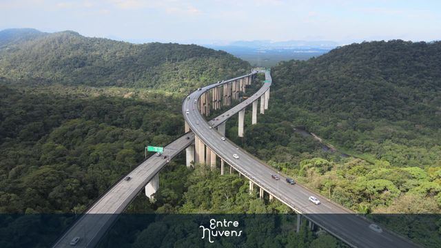 Viaduto se destacando sobre a Mata Atlântica — vídeo aéreo de Santos
