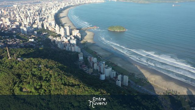 Vista aérea da orla de Santos, SP, com vegetação e prédios