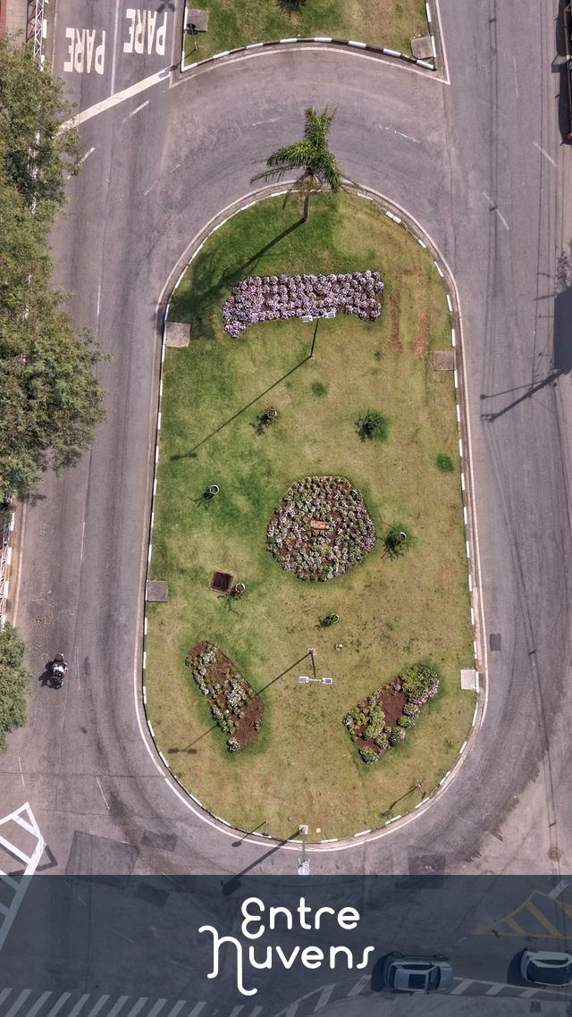Vista aérea zenital de rotatória urbana em dia ensolarado