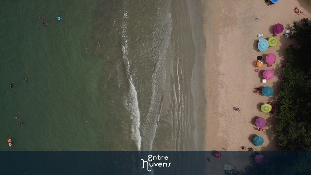Vista de cima (zenital) da Praia do Alto em Ubatuba - Mar e Guarda-sóis coloridos